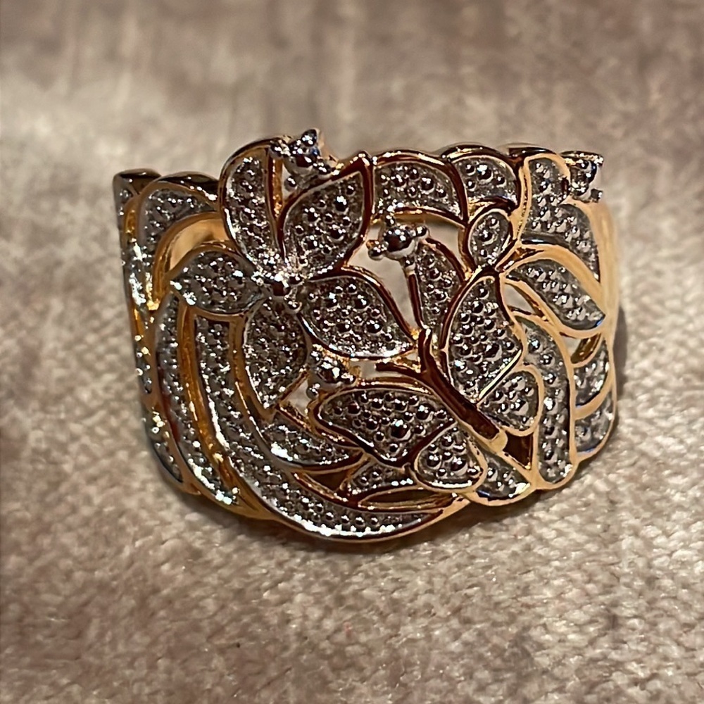 Gold Flower & Butterfly Ring New! Size 9 Diamond Chip - Picture 7 of 9